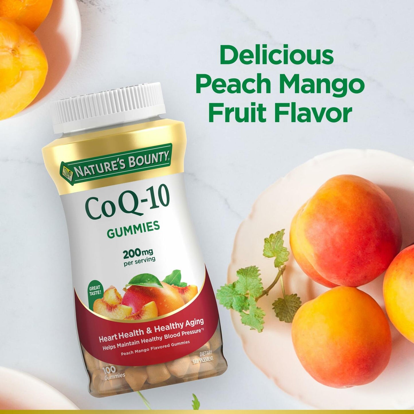 Nature's Bounty CoQ10 Gummies, Supports Heart Health, CoQ10 200mg, Peach Mango Flavor, 100 Count