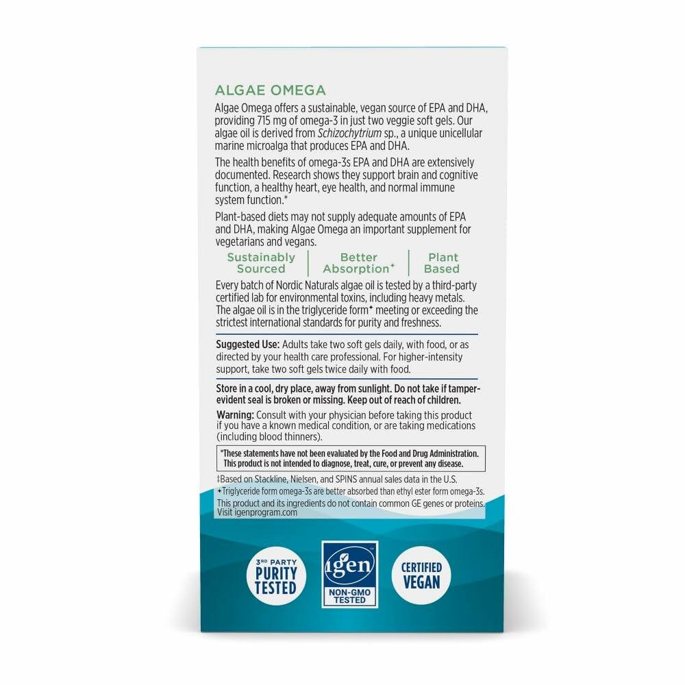 Nordic Naturals Algae Omega - 60 Soft Gels - 715 mg Omega-3 - Certified Vegan Algae Oil - Plant-Based EPA & DHA - Heart, Eye, Immune & Brain Health - Non-GMO - 30 Servings