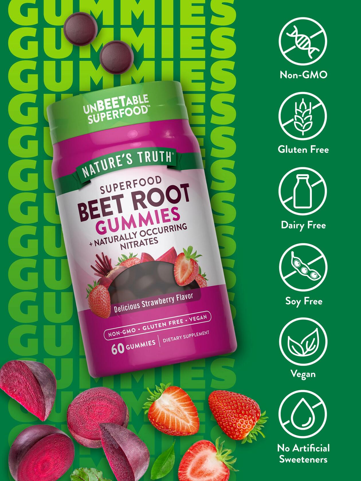Nature's Truth Beet Root Gummies | 60 Count | Superfood | with Black Pepper | Strawberry Flavor | Vegan, Non-GMO & Gluten Free Supplement