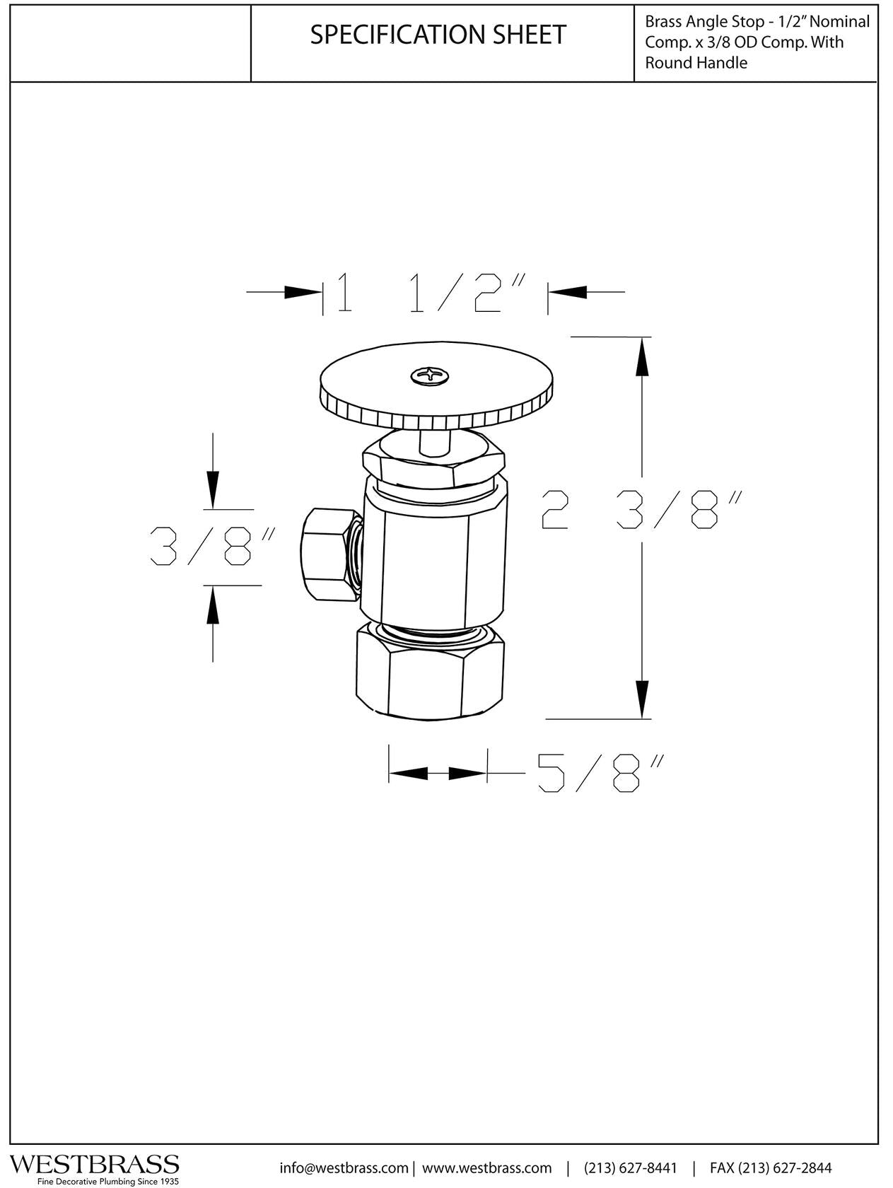 Westbrass A105-03 Round Handle Angle Stop Shut Off Valve, 1/2" Copper Pipe Inlet with 3/8" Compression Outlet, Polished Brass