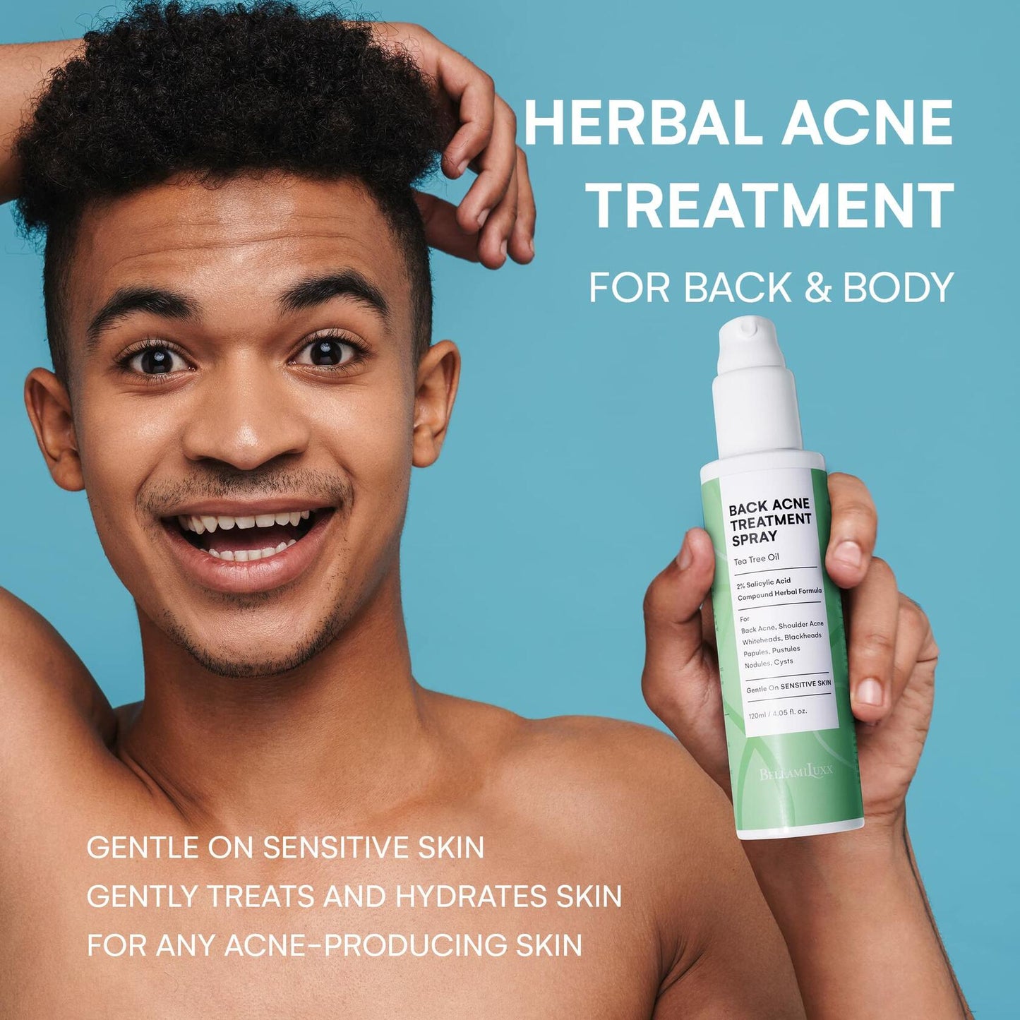 BellamiLuxx Body and Back Acne Treatment Spray: 2% Salicylic Acid & Tea Tree Oil Bacne Spray for Clear, Soothe & Moisturize - Effective for Men, Women, Teens with Back, Shoulder, Arm, and Chest Acne
