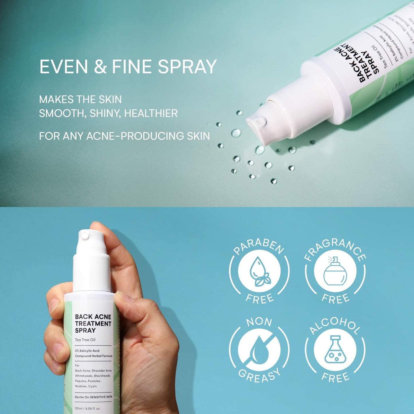 BellamiLuxx Body and Back Acne Treatment Spray: 2% Salicylic Acid & Tea Tree Oil Bacne Spray for Clear, Soothe & Moisturize - Effective for Men, Women, Teens with Back, Shoulder, Arm, and Chest Acne