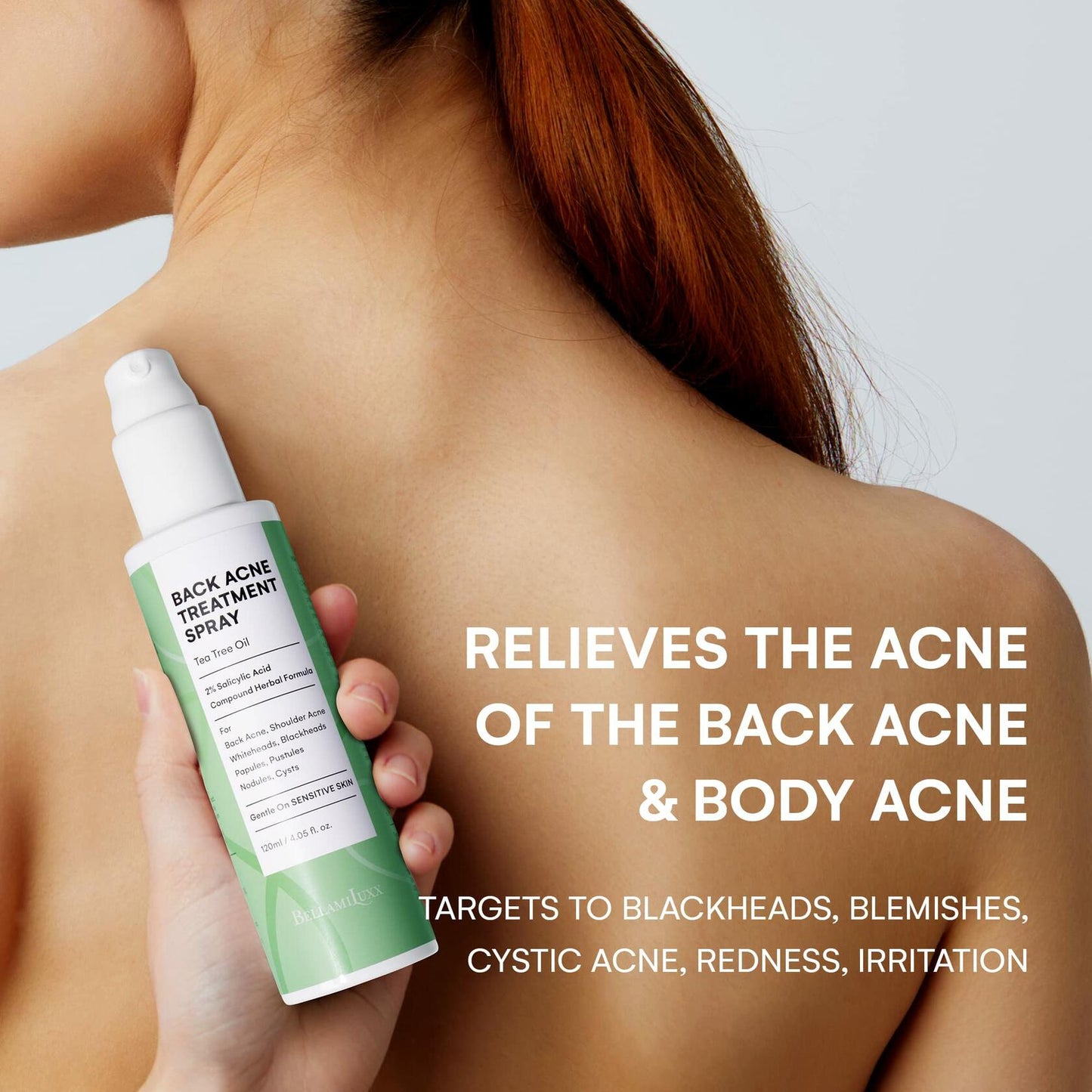 BellamiLuxx Body and Back Acne Treatment Spray: 2% Salicylic Acid & Tea Tree Oil Bacne Spray for Clear, Soothe & Moisturize - Effective for Men, Women, Teens with Back, Shoulder, Arm, and Chest Acne
