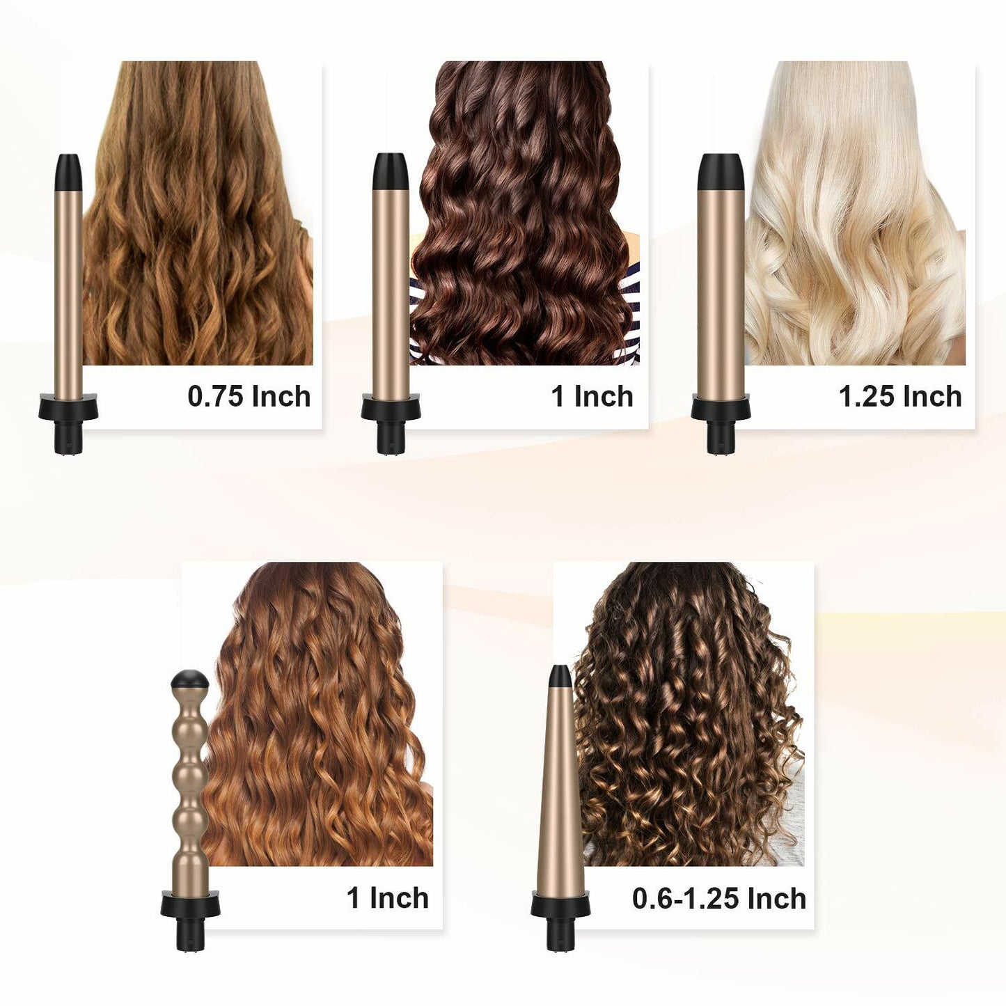Prizm 5 in 1 Clampless Interchange Curling Iron Wand Set, LED Display, 11 Temp Settings, 0.6 to 1.25 Inch Tourmaline Ceramic Barrels, Hair Curler for Wavy/Bang/Ringlet/Spiral with Heat Resistant Glove