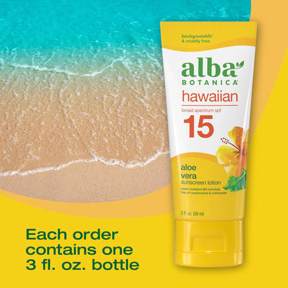 Alba Botanica Hawaiian Aloe Vera Sunscreen Lotion, Broad Spectrum SPF 15, Water Resistant and Biodegradable, 3 oz