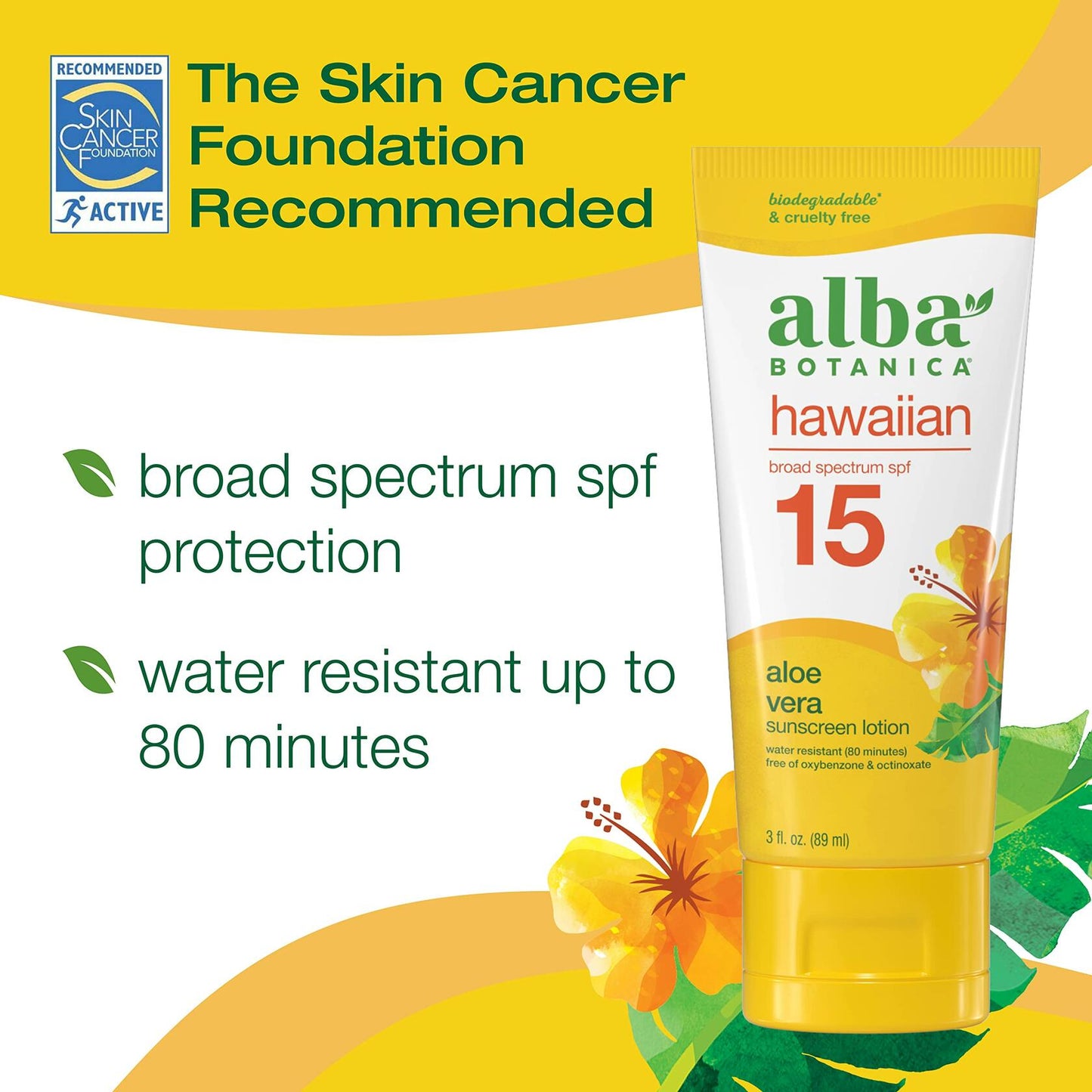Alba Botanica Hawaiian Aloe Vera Sunscreen Lotion, Broad Spectrum SPF 15, Water Resistant and Biodegradable, 3 oz