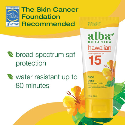Alba Botanica Hawaiian Aloe Vera Sunscreen Lotion, Broad Spectrum SPF 15, Water Resistant and Biodegradable, 3 oz