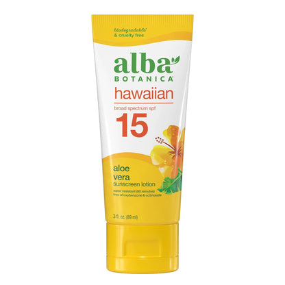 Alba Botanica Hawaiian Aloe Vera Sunscreen Lotion, Broad Spectrum SPF 15, Water Resistant and Biodegradable, 3 oz