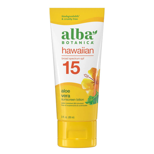 Alba Botanica Hawaiian Aloe Vera Sunscreen Lotion, Broad Spectrum SPF 15, Water Resistant and Biodegradable, 3 oz