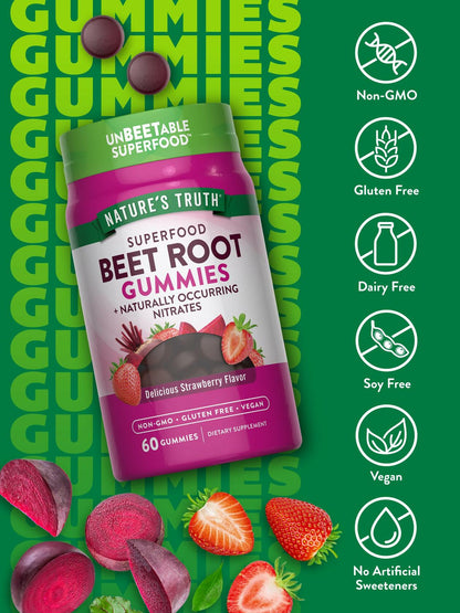 Nature's Truth Beet Root Gummies | 60 Count | Superfood | with Black Pepper | Strawberry Flavor | Vegan, Non-GMO & Gluten Free Supplement