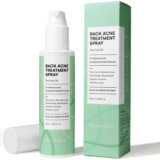 BellamiLuxx Body and Back Acne Treatment Spray: 2% Salicylic Acid & Tea Tree Oil Bacne Spray for Clear, Soothe & Moisturize - Effective for Men, Women, Teens with Back, Shoulder, Arm, and Chest Acne