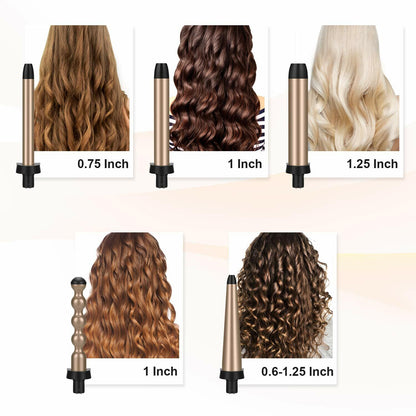 Prizm 5 in 1 Clampless Interchange Curling Iron Wand Set, LED Display, 11 Temp Settings, 0.6 to 1.25 Inch Tourmaline Ceramic Barrels, Hair Curler for Wavy/Bang/Ringlet/Spiral with Heat Resistant Glove